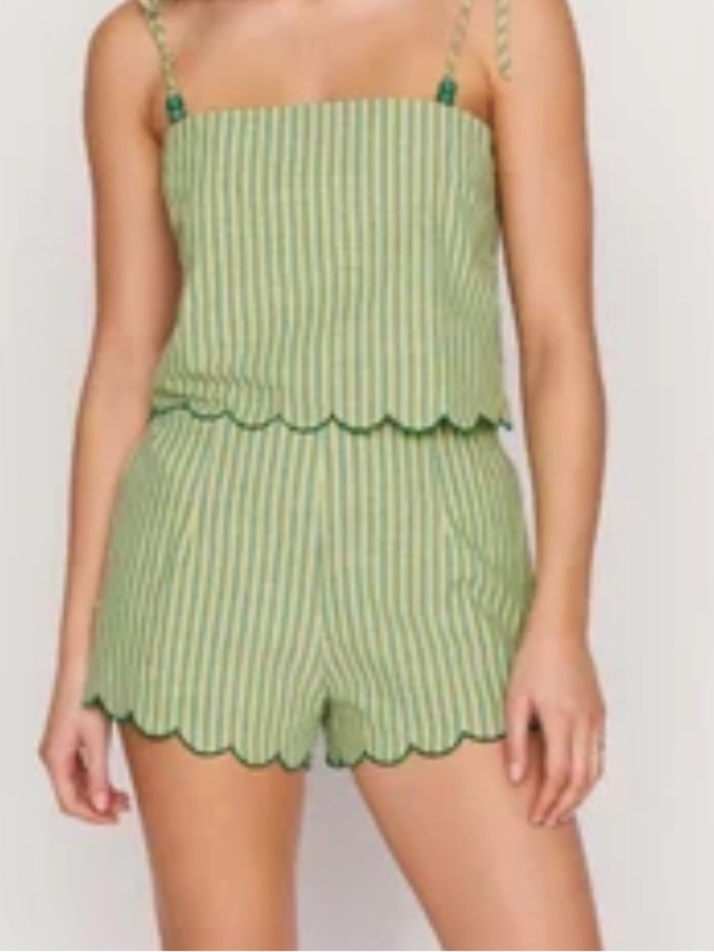 GREEN STRIPED LINEN BLEND SCALLOP HEM SHORTS CAPRI SCALLOP HEM SHORTS